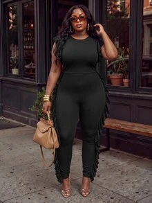 Slaydiva Plus Size Textured Zip Front Jumpsuit, Slim Fit Long Pants With Ruffle Back Detail, Curvy Night Out Outfit - Black - View 8