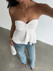 Glamine 性感浪漫優雅辣妹修身細肩帶無袖法式風百搭高級甜辣抹胸上衣 度假奶油白夏季款 - 白色 - 查看 6