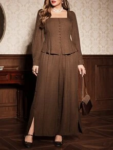 Auvina Plus Size Women Solid Color Button Design Long Sleeve Shirt And Wide Leg Pants Elegant 2 Pieces Set - Coffee Brown - View 7