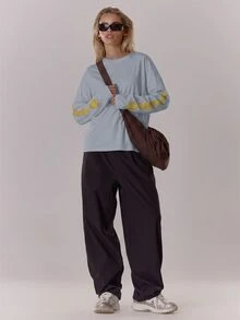 MUSERA 寬鬆大版圖案袖長袖上衣 T-shirt 酷女孩街頭風 日常學院風 1997 Holiday Vacation 圖案 T-shirt 春夏款 - 淺藍色 - 查看 3