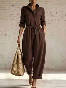 Trelyra Women's Brown Vintage Jumpsuit With Waist Cinched Design, Suitable For Outings, Commuting, Holidays, Autumn Wear - Brown - View 3