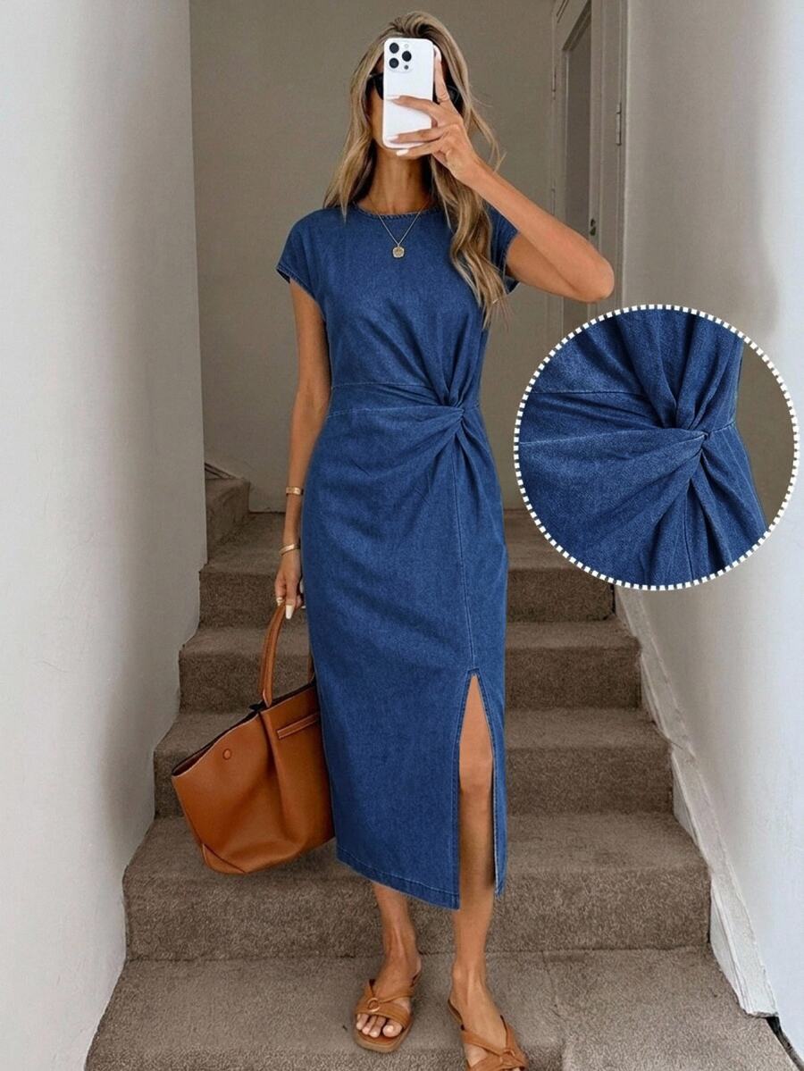 Easowa Women's Twisted Ruched Slit Design Casual Summer Denim Dress - Dark Wash - View 1