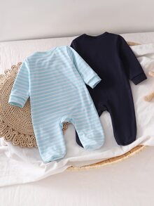 SHEIN 2件裝新生兒純色條紋連身衣 - 彩色 - 查看 2