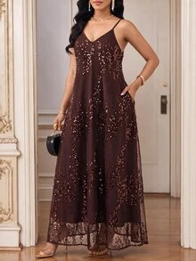 Fleurora Women's Luxury Delicate Sequin Spaghetti Strap Dress - Brown - View 5
