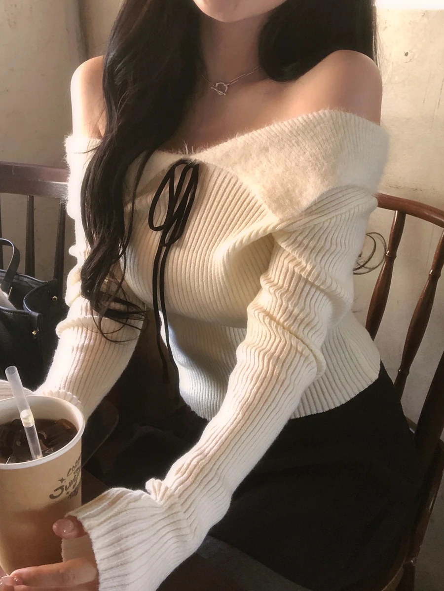 DAZY Women's Elegant Off-Shoulder Sweater - White - View 1