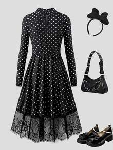 SHEIN Girls' New Elegant Fashion Princess Style Black Mesh Dress - Black - View 2