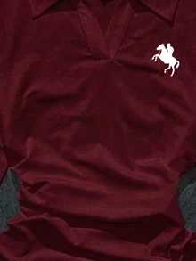 Attitoon Women's Casual Fashion Equestrian Print Collared Long Sleeve T-Shirt With Horse Racing Graphic - Burgundy - View 4