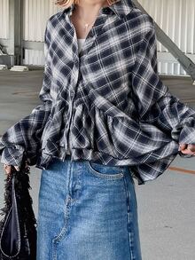 FRIFUL Women's Plaid Casual Versatile Everyday Outing Shirt - Black and White - View 7