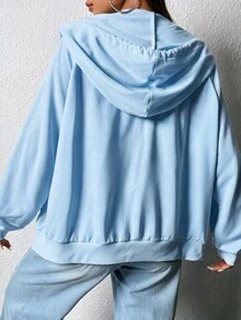 SHEIN EZwear 拉鍊式插肩袖抽繩連帽衛衣，秋冬長袖上衣 - 淺藍色 - 查看 2