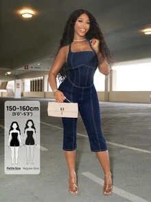 SHEIN PETITE Women's Casual Cross Back Halter Neck Denim Jumpsuit With 3/4 Length - Blue - View 1