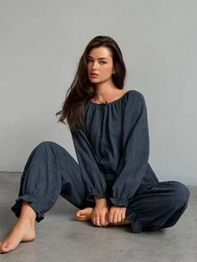 Livesso Women's Bow Decor Raglan Long Sleeve Top And Pants Pajama Set - Navy Blue - View 8