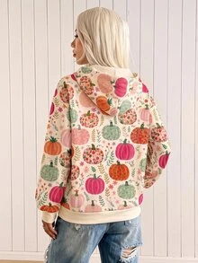 SHEIN EZwear 女款萬聖節南瓜圖案長袖圓領套頭運動衫，秋冬日用休閒可愛米色 - 彩色 - 查看 2