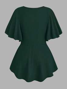 EMERY ROSE Plus Size Women Spring/Summer Chain Splice Ruffle Twist Waist Knitted Solid Color Elegant Graceful A-Line V-Neck T-Shirt Top - Dark Green - View 2