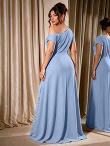 Cravure Women's Plus Size Party Date Banquet Cocktail Wedding Simple Elegant Cold Shoulder Lace Trim Slit Pleated Asymmetric Neckline Solid Color Long Dress - Dusty Blue - View 2