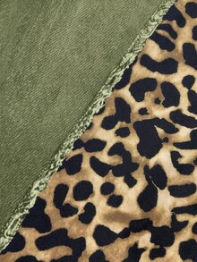 SHEIN Holidaya Women's American Retro Leopard Print Frayed Patchwork High Waist Wide Leg Denim Effect Jeans, Design-Driven Washed Green Slimming Casual Long Pants - Green - View 4