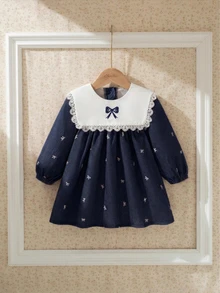 Souflis Souflis 幼童女款公主洋裝，甜美可愛海軍藍蕾絲領結蝴蝶結刺繡長袖圓領常規版，生日派對春秋假期時尚穿搭 - 彩色 - 查看 6