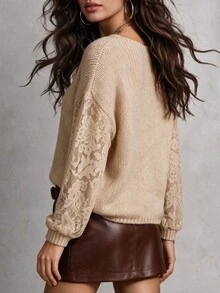 Solivie Women's Autumn/Winter V-Neck Long Sleeve Apricot Color Contrast Lace Sweater Top - Apricot - View 2