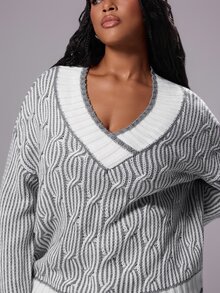 Rustia Plus Size Women's Loose V-Neck Colorblock Long Sleeve Pullover Sweater, Suitable For Daily Wear And Travel Winter - Multicolor - View 7