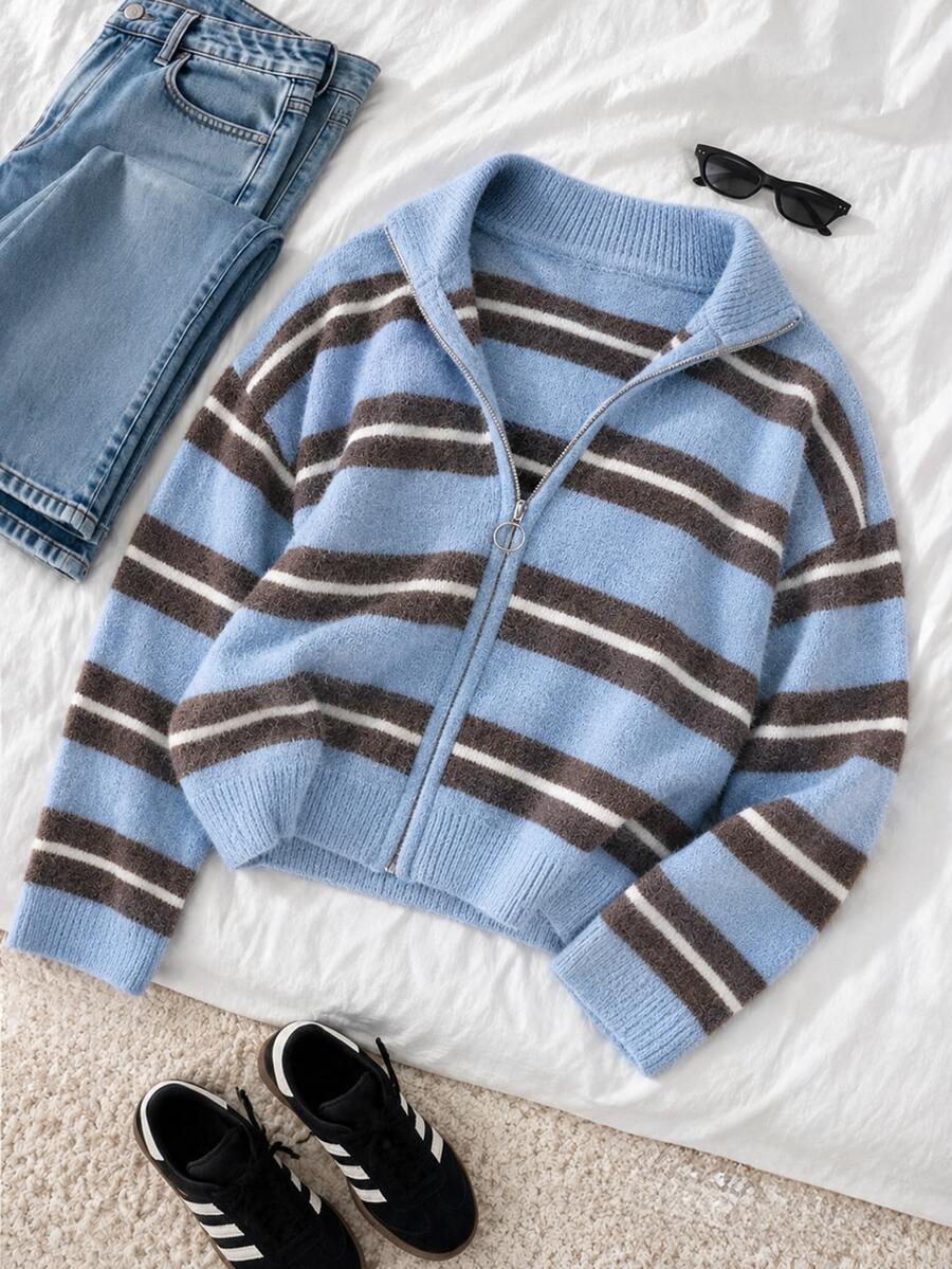 Sunspun Cardigan Wanita Ukuran Besar dengan Motif Garis-Garis Blok Warna dan Resleting, Cocok untuk Pakaian Musim Gugur/Musim Dingin - MultiWarna - View 1