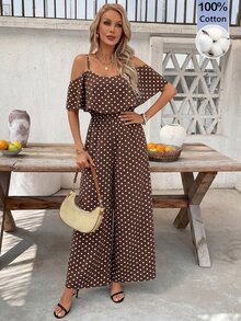 SHEIN Clasi Women's Polka Dot Cold Shoulder Fashion Jumpsuit For Vacation - Coffee Brown - View 7