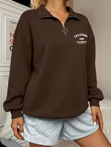 SHEIN EZwear 休閒簡約寬鬆半拉鍊高領運動衫，適合秋冬穿著 - 棕色 - 查看 5