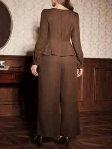 Auvina Plus Size Women Solid Color Button Design Long Sleeve Shirt And Wide Leg Pants Elegant 2 Pieces Set - Coffee Brown - View 2