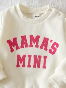 SHEIN 新生女嬰寬鬆休閒極簡舒適圓領套頭字母印花厚款套裝，適合冬季 - 米色 - 查看 7
