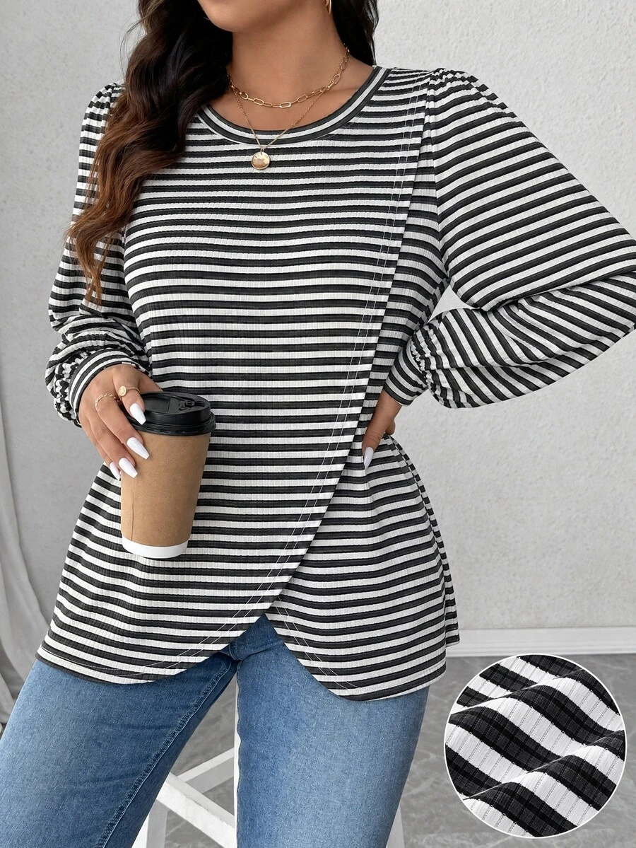 EMERY ROSE Plus Size Women's Round Neck Long Sleeve Casual Colorblock Patchwork T-Shirt, Spring Autumn Graphic - Multicolor - View 1