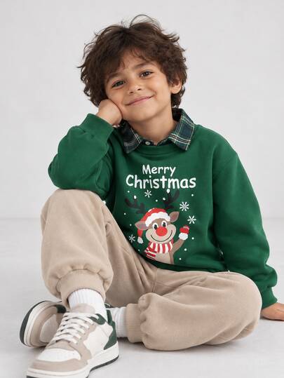 SHEIN Young Boy Autumn/Winter Christmas Plaid Sweatshirt Set, Versatile Comfortable Thickened Thermal Lined Warm, Suitable As Christmas Gift For Children