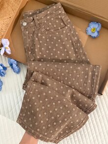 Comfortcana 女款休閒日常牛仔褲，附口袋、鈕扣與波點圖案 - 卡其色 - 查看 6