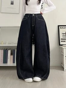 DAZY Women's Loose Straight Leg Casual Jeans With Letter Rhinestone Decor - Dark Wash - View 6