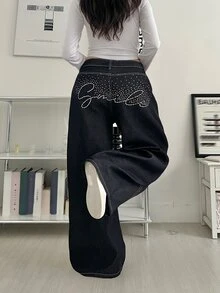 DAZY Women's Loose Straight Leg Casual Jeans With Letter Rhinestone Decor - Dark Wash - View 7