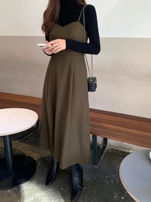 DAZY Solid Color Fitted Waist Flare Strap Dress Elegant Vacation Korean Style Spring Autumn Long Dress For Women - Brown - View 1