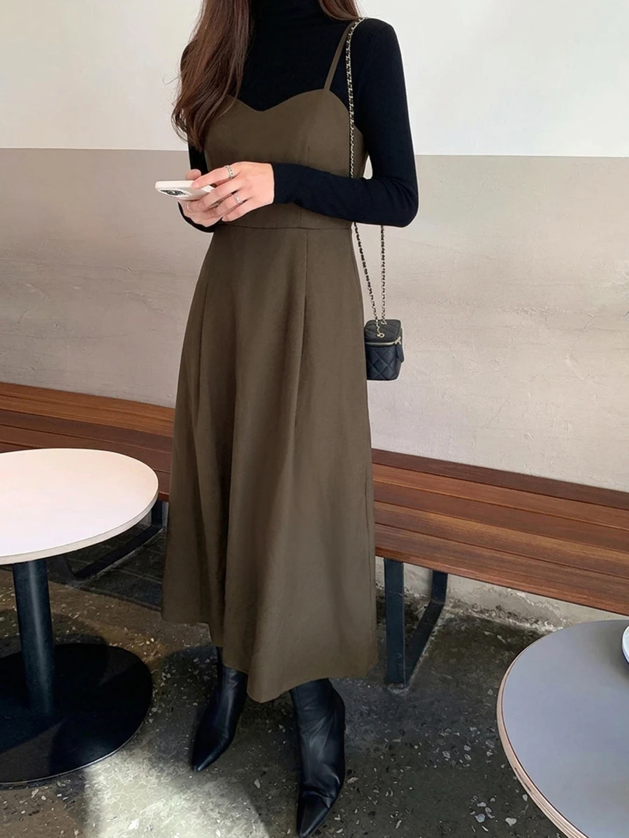 DAZY Solid Color Fitted Waist Flare Strap Dress Elegant Vacation Korean Style Spring Autumn Long Dress For Women - Brown - View 1