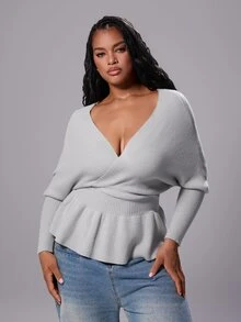 Rustia Plus Size Ribbed Waist Fashion Pullover Sweater - Light Grey - View 1