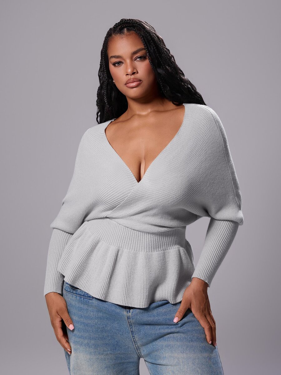 Rustia Plus Size Ribbed Waist Fashion Pullover Sweater - Light Grey - View 1