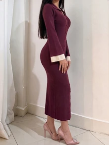 Modelyn Women's Colorblock Casual Everyday Knit Dress - Burgundy - View 5