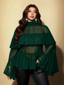 Viva Relle 大尺碼女款純色網紗時尚百搭上衣 - 墨綠色 - 查看 1