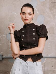 COUREZ Fitted Puff Sleeve Denim Drummer Military Napoleon Top/Y2K Summer Outfits Tops Going Party Rave Fall Outfits Y2K Festival Concert Drummer Top - Coffee Brown - View 5
