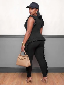 Slaydiva Plus Size Textured Zip Front Jumpsuit, Slim Fit Long Pants With Ruffle Back Detail, Curvy Night Out Outfit - Black - View 11