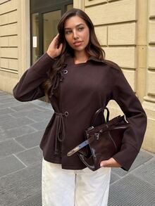 Siren Gaze Women's Grey Asymmetric Oversized Overcoat With Drawstring Detail - Brown - View 3