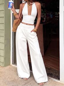 Sunnyshic Plus Size Women's Pocket Wide Leg Loose Casual Versatile Denim Jeans - White - View 1