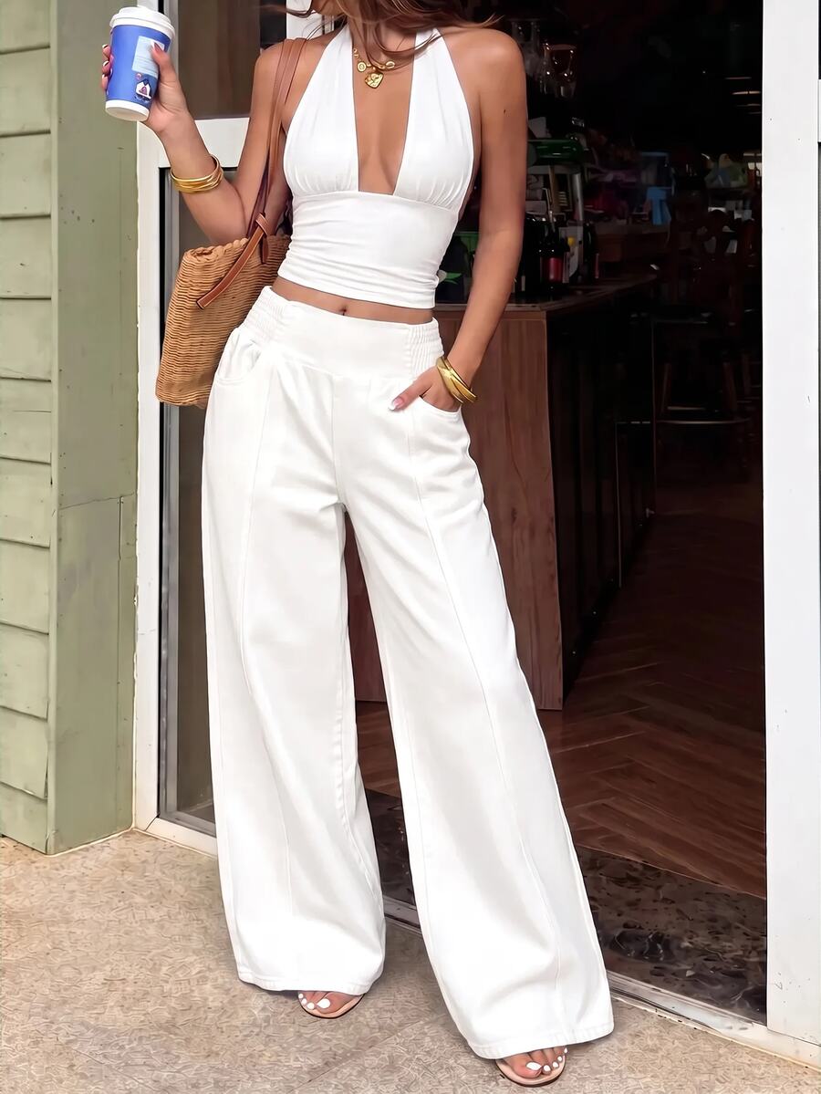 Sunnyshic Plus Size Women's Pocket Wide Leg Loose Casual Versatile Denim Jeans - White - View 1
