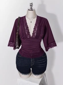 SHEIN ICON 女款大尺碼復古性感千禧風Y2K簡約休閒優雅通勤都市現代蕾絲P約會之夜黑色夏季 - 紫紅色 - 查看 4
