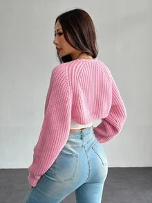 SHEIN PETITE 女款素色長袖無袖休閒針織開襟衫 - 粉色 - 查看 2