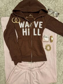 INAWLY Women's Letter Print Zip-Up Long Sleeve Sweatshirt - Rust Brown - View 1