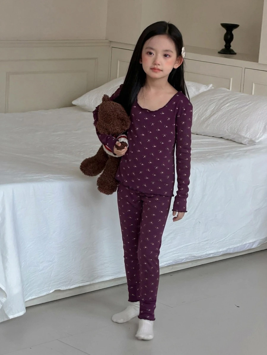 Dazy Kids Tween Girl All-Over Print Long Sleeve Top And Long Casual Daily Home Sleepwear Set - Brown - View 1