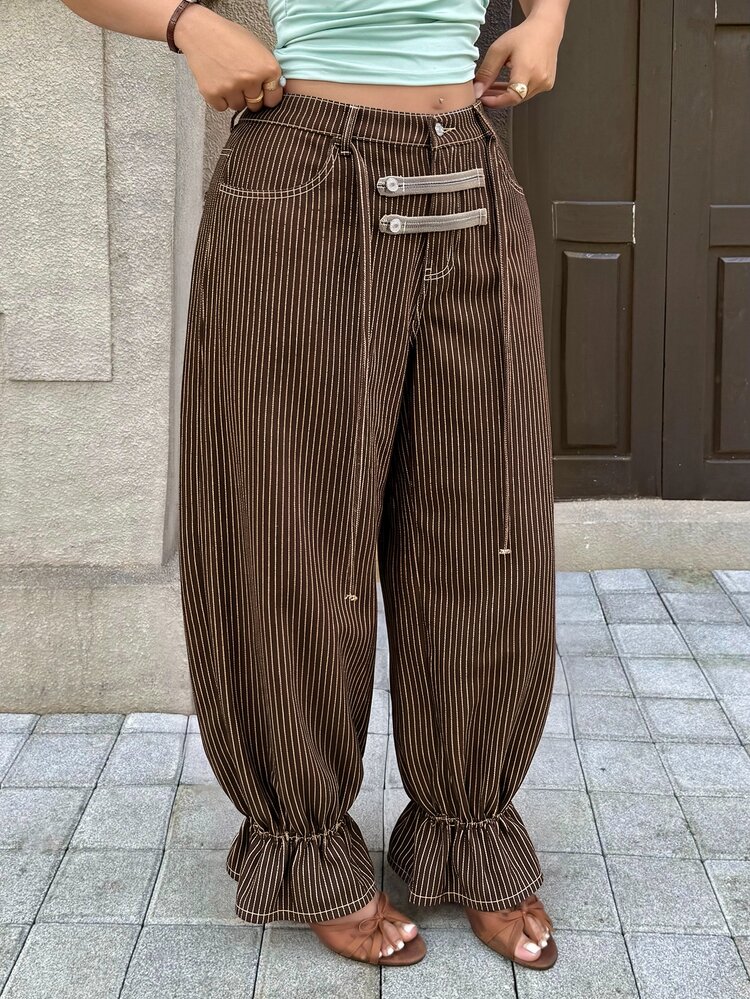 Rivivi Plus Size Women Non-Stretch Denim Cuffed Coffee Brown Striped Lantern Pants Cowboy Outfits For Women - Coffee Brown - View 4
