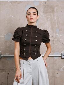 COUREZ Fitted Puff Sleeve Denim Drummer Military Napoleon Top/Y2K Summer Outfits Tops Going Party Rave Fall Outfits Y2K Festival Concert Drummer Top - Coffee Brown - View 6