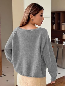 SHEIN EZwear 女款純色圓領插肩袖長袖休閒百搭針織衫 - 淺灰色 - 查看 2